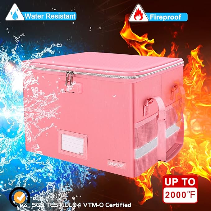 ENGPOW File Box with Lock, Fireproof Document Box with Zipper & Pockets, Collapsible File Organizer Filing Storage Cabinet with Handle, Portable Home Office Safe for Hanging Letter/Legal Folder, Pink