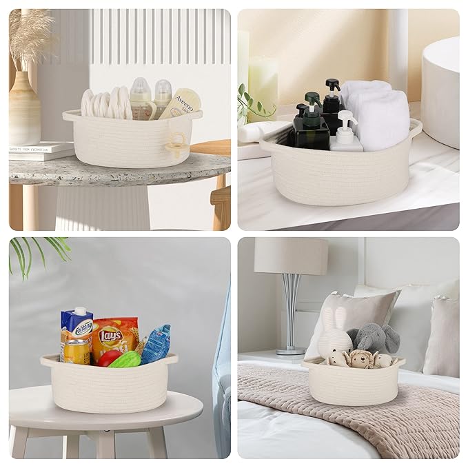 Small Woven Basket Cute Oval Cotton Rope Gifts Basket with Handle Empty Baby Wicker Storage Basket Nursery Box Bin Kids Organizer Cat Dog Toy Basket Easter Basket White