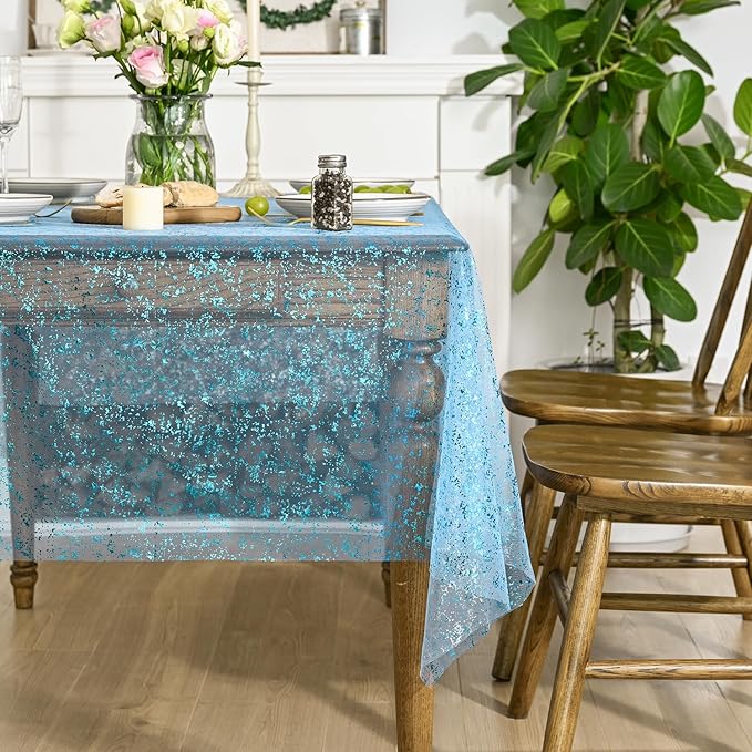 Horaldaily Light Blue Gold Gauze Tablecloth 60x140 Inch Rectangular, Light Blue Sequin Glitter Metallic Foil, Sheer Tulle Cheesecloth for Wedding Baby Shower Ceremony Birthday
