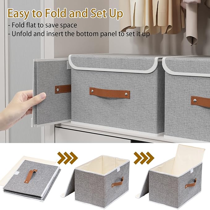Yawinhe Storage Bins with Lids, Closet Baskets, Washable and Leather Handle, Collapsible Boxes for Home, Grey, 17.7''Lx11.8''Wx11.8''H, 7-Pack, USNK024GX-7