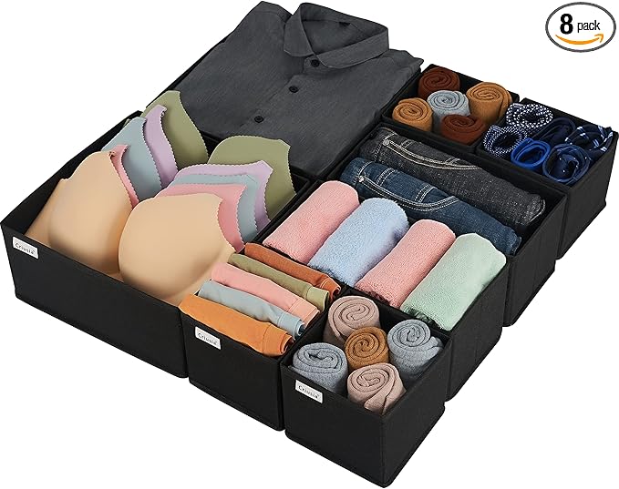Criusia Drawer Organizer Clothes, 8 Pack Underwear Drawer Organizer, Foldable Cloth Storage Box Closet Organizers and Storage for Clothes, Socks, Scarves, Ties (Black)