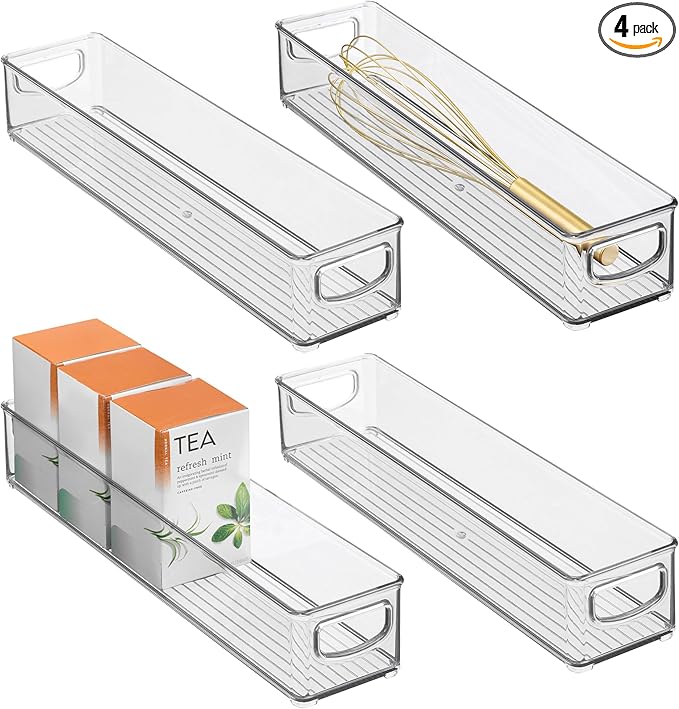 iDesign Slim Clear Plastic Storage Bin, Extra Long Narrow Stackable Organizer for Kitchen and Pantry, 4-Pack