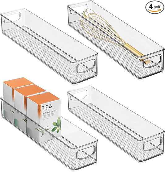 iDesign Slim Clear Plastic Storage Bin, Extra Long Narrow Stackable Organizer for Kitchen and Pantry, 4-Pack