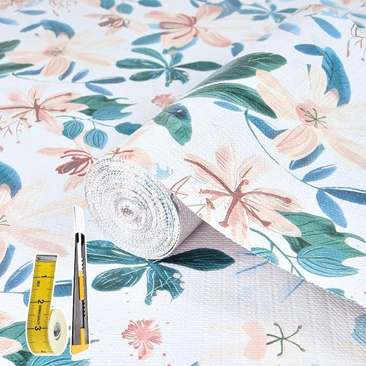 Drawer and Shelf Liner for Kitchen Cabinet,Non Adhesive Anti-Slip Double Layer PVC Waterproof Easy Clean for Dresser Bathroom Refrigerator with Knife Tape Measure(12 in X 20 Ft Colored Flowers)