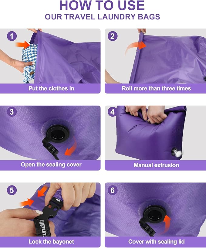 Travel Laundry Bag, Pump Free Vacuum Storage Bag Reusable Compression Dirty Clothes Travel Bag Waterproof Wet Dry Bags Large Capacity Space Saver Bags Camp Clothes Organizer (1 Pcs)(Purple, M)