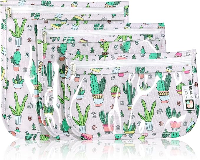 TSA Approved Toiletry Bag, Set of 3 Clear Travel Toiletry Bag Quart Size Zipper Travel Pouch, Waterproof Makeup Cosmetic Bag for Women Men Kids Toiletries Carry on, Cacti A