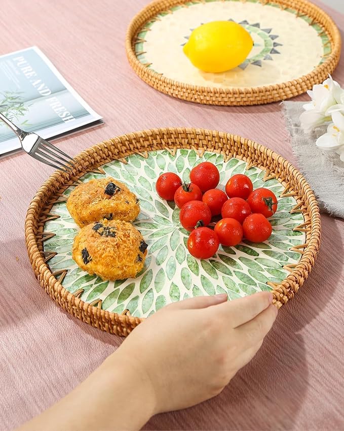 12" Large Rattan Serving Tray with Mother of Pearl, Decorative Coffee Table Trays for Home Decor, Large Wicker Woven Serving Tray Decor for Kitchen Counter,Living Room and Ottoman, Green