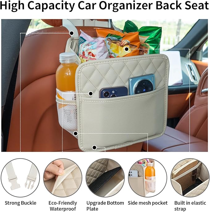 Car Seat Back Hanging Bag Car Document Holder Multi-Pocket Bottle Bag Storage Box Organizer Travel Tidy Pouch Pocket Kids Beige