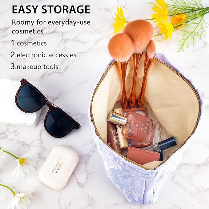 ZLFSRQ Flower Makeup Bag for Women Girls Teens Travel Cute Floral Cosmetic Bags Large Zipper Cosmetic Pouch Purse Portable Toiletry Bag Aesthetic Embossed Blue Purple Makeup Brushes Storage Organizer