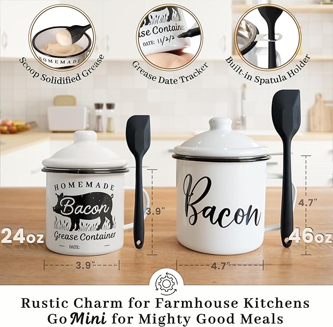 Ayerphalo Bacon Grease Container with Strainer - With Food-Grade Silicone Spatula, 24oz Enamel Rustic Farmhouse Fat Container, Keeper, Recipes, Dishwasher Safe