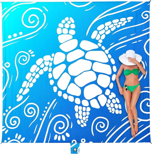 WEKAPO Beach Blanket Waterproof Sandproof Oversized Extra Large Sand Free Beach Mat with Stakes, Storage Bag - Essentials for Outdoor Beach, Picnic (Gradient Blue Sea Turtle, 11 X 9 FT (1~10 Person))