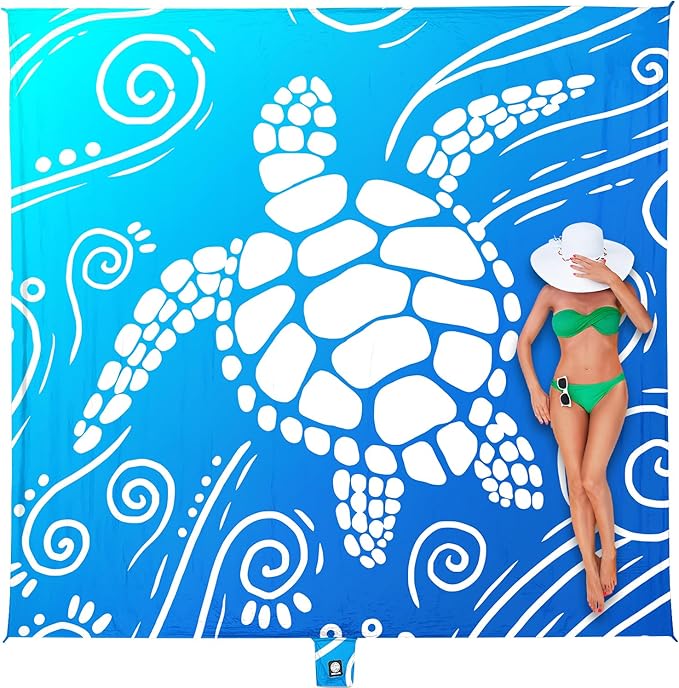 WEKAPO Beach Blanket Waterproof Sandproof Oversized Extra Large Sand Free Beach Mat with Stakes, Storage Bag - Essentials for Outdoor Beach, Picnic (Gradient Blue Sea Turtle, 8 X 7 FT (1~4 Person))