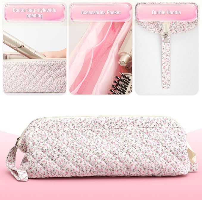 Quilted Hair Tool Travel Bag, Shark Flex Style Travel Case For Dyson Hair Dryer Airwrap Bag, Curling Iron Bags Quilted For Shark Dyson Revlon Organizer Accessories - Pink Floral