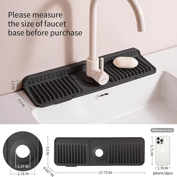 17.7" Silicone Sink Splash Guard - Multi-Functional Kitchen Sink Mat with Drip Tray, Sponge Holder & Soap Dish, 6° Slope Design for Easy Drainage, Foldable & Fasten Button for Secure Fit（Black）