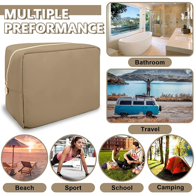 Large Makeup Bag Pouch, Nylon Women Travel Toiletry Storage Bag, Preppy Cosmetic Bag for Girls, Big Makeup Organizer Bag, Cute Zipper Pouch Skincare Bag for Sport Work Gift (Large-Khaki)
