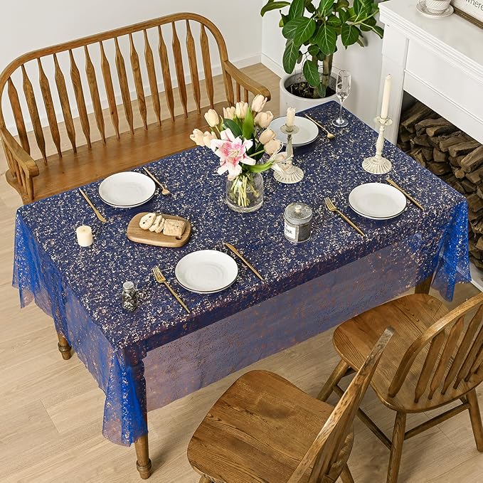 Horaldaily Royal Blue Gold Gauze Tablecloth 52x70 Inch Rectangular, Golden Sequin Glitter Metallic Foil, Sheer Tulle Cheesecloth for Wedding Baby Shower Ceremony Birthday