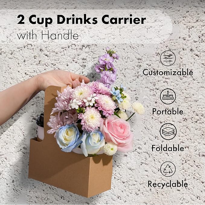 FMP Brands 2 Cup Disposable Drink Carrier with Handle, 60 Pack Kraft Paperboard Handled Drink Carriers 12-30 oz to Go Coffee Cup Holder, Cup Carrier for Cold Hot Drinks, Valentine Mother's Day