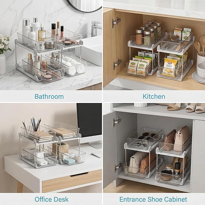 2 Pack Bathroom Organizers and Storage,2-Tier Clear Under Sink and Pull-Out Cabinet Organizer with Track for Kitchen, Pantry,Vanity Countertop,Medicine Cabinet,Closet Drawer Bins (White)