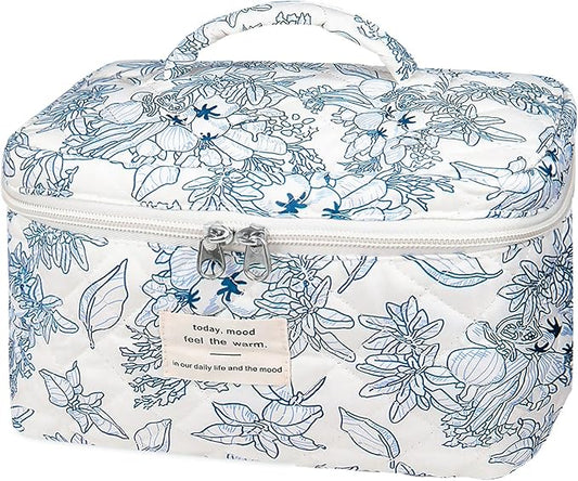 Gosect Large Makeup Bag, Cute Cosmetic Bag for Women Girls, Floral Coquette Aesthetic Toiletry Bag, Travel Make Up Organizer Bag (Navy Blue)