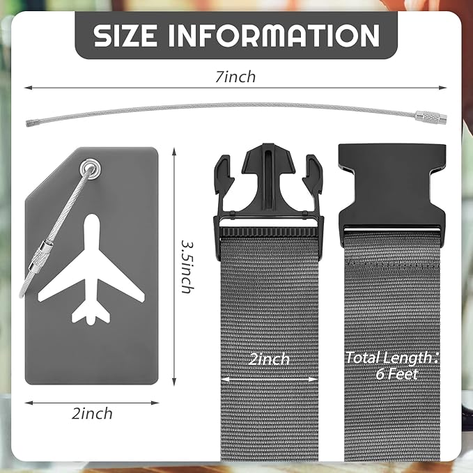 Weewooday 8 Pcs Luggage Straps Suitcase Tags Set for TSA Approved, 4 Travel Adjustable Suitcase Belt, 4 Silicone Luggage Tags with Name ID Card Travel Accessories(Dark Gray,Airplane)