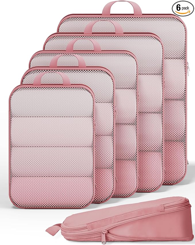 Veken 6/9/11 Set Compression Packing Cubes for Travel Essentials,Compressible Expandable Large Luggage Suitcase Organizer Bags for Clothing,Durable Space Saver Storage Bags(Pink)