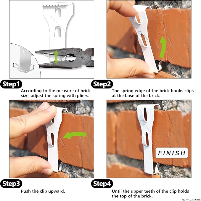 NACETURE Brick Hook Clips (4 Pack) – No-Drill Brick Hangers for 2.25"–2.40" Bricks, Require ≥1/8" Mortar Recess, Holds up to 25 lb – Outdoor Wreath & Light Clips