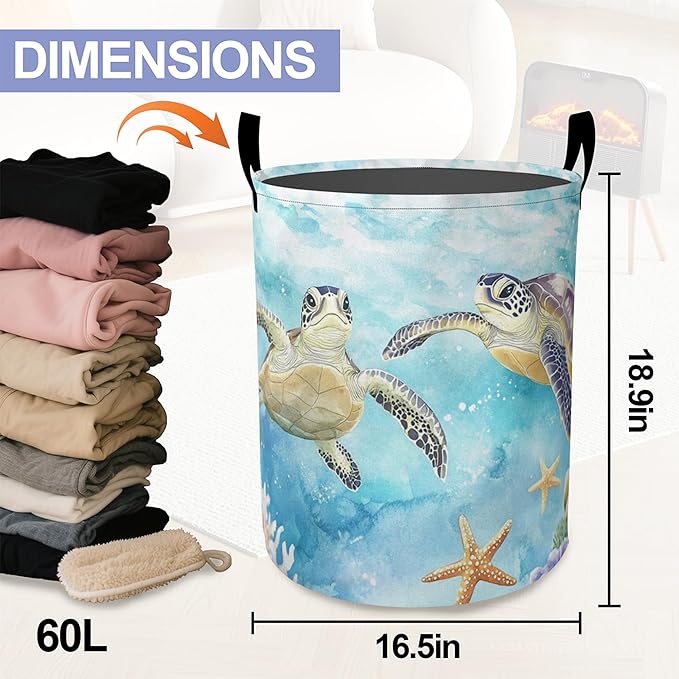 Retro Two Turtles Laundry Basket-Large Foldable Hamper Holder Portable Tall Collapsible Laundry Hamper Storage Basket Bin with Handles, Canvas & Waterproof lining for Household Items