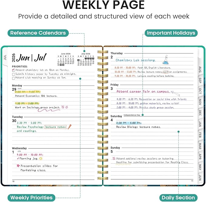 Planner 2026-2027, Academic Monthly and Weekly Calendar Planner for Women, July 2026 - June 2027, Hardcover Pretty Agenda Planner Book with Tabs, Spiral Daily Organizer for School Office Home Supplies, 8.5" x 11" - Emerald Shores