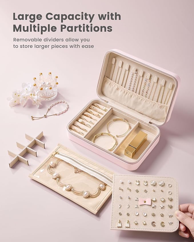 Lolalet Travel Jewelry Case for Women Girls, Travel Jewelry Organizer with Clear Storage Bag Small Portable Jewelry Box for Necklace Bracelet Earring Ring Valentine's Bridesmaid Gifts -Large/Pink