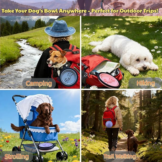 2 Pack Silicone Travel Dog Bowls, Slow Feeder Anti-Gulping, 25oz Collapsible Portable Water & Food Bowls for Medium & Large Dogs, Pet Camping Essentials (Pink/Gray)