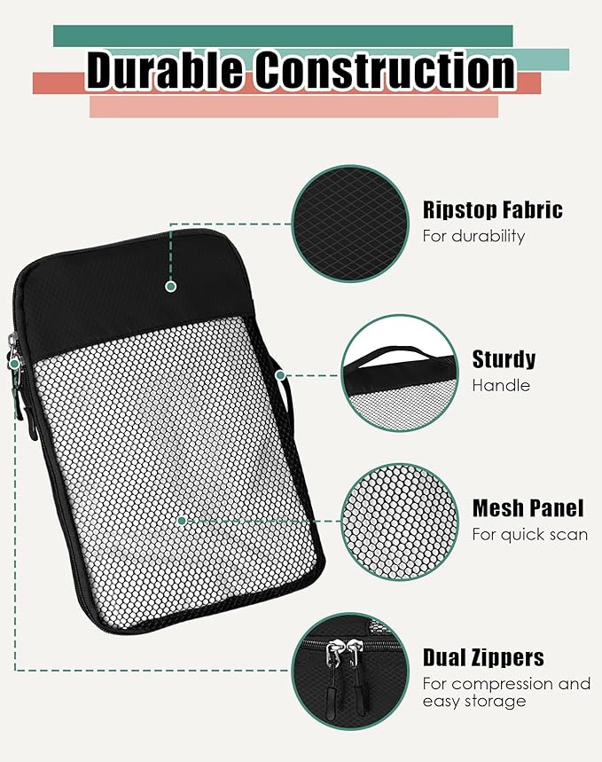 4-Piece Packing Cubes Travel Accessories Set for Suitcases - Luggage Organizer Bags with Double Zipper - Mesh Top - Small/Medium/Large/Slim - Black