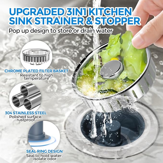 zaa Kitchen Sink Drain Strainer - Kitchen Sink Stopper, 304 Stainless Steel Sink Drain Stopper, Sink Protector for Kitchen with Anti-Clog Filter, Fit US Standard 3-1/2'' Sink Drain Hole, Silver