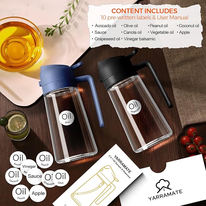 YARRAMATE 16oz/470ml Glass Olive Oil Sprayer for Cooking with Stickers, 2 in 1 Oil Dispenser for Kitchen Gadgets, Food Grade Premium Spray Bottle with Portion Control for Salad, BBQ (Navy)