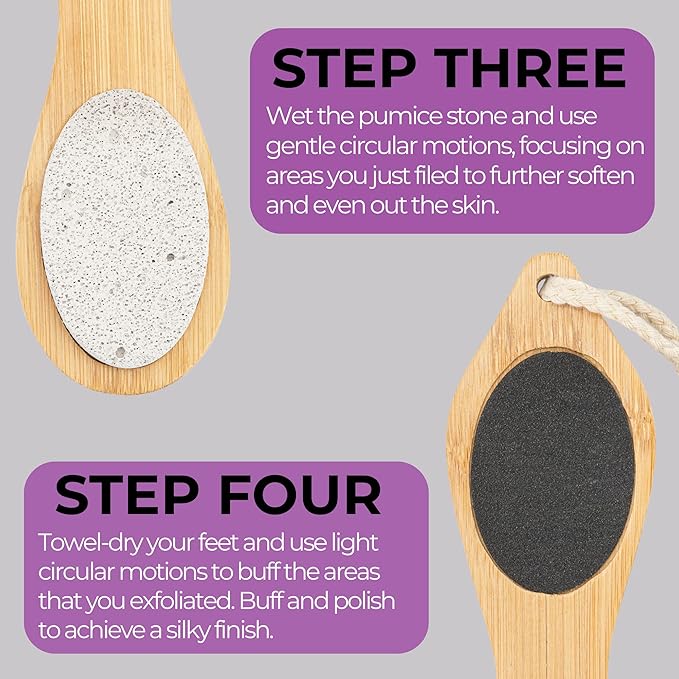 Dermasuri - 4 in 1 Exfoliating Foot Scrub Kit - Multi Purpose Foot Care - Natural Bamboo Pedicure Foot Spa Kit - Pumice Stone Callus Remover - Stainless Steel File, Sand Paper Surface, & Dry Brush