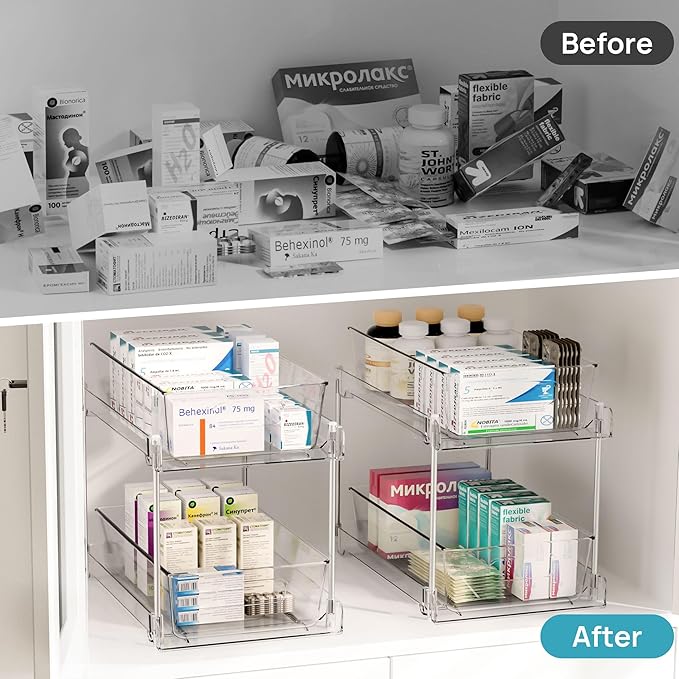 Vtopmart 4 Pack Bathroom Organizer, 2 Tier Clear Under Sink Organizers Vanity Countertop Storage Container, Cabinet Drawers Bins, Pull-Out Organization with Track for Pantry, Kitchen