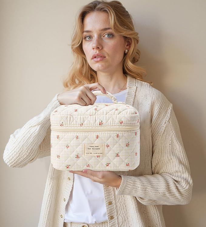 HBselect Quilted Makeup Bag, 3PCS Cotton Large Travel Makeup Bag, Cute Floral Coquette Make up Bag Cosmetic Bag Toiletry Bag for Women Girls