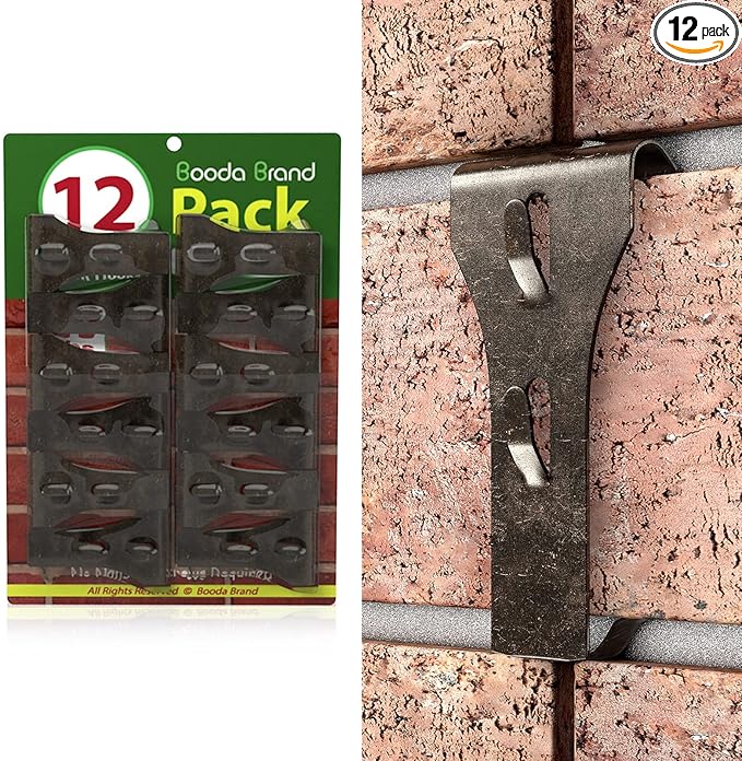 Booda Brand Brick Hook Clips (12 PCS) for Hanging Outdoors, Brick Hangers Fit Standard Size Brick 2-1/4" to 2-3/8" in Height, Heavy-Duty Brick Siding Clips Wall Hangers for Hanging No Drill and Nails