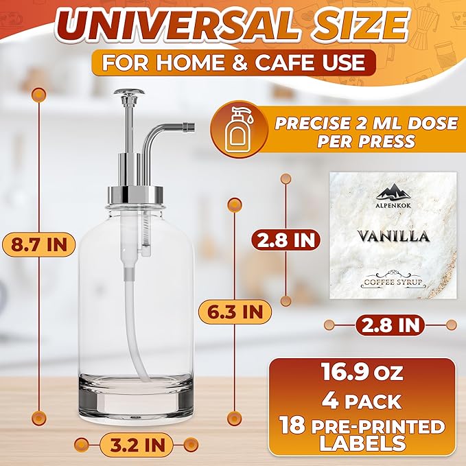 Set of 4 Glass Syrup Bottle with Pump 16.9oz 500 ml – Thick Glass Syrup Dispenser with 18 Marked Labels, Leak-Proof, Easy Cleaning – Coffee Bar Essentials for Home | Event Ready (Silver Pumps)