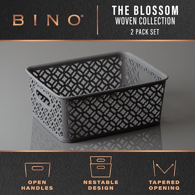 BINO l Plastic Storage Baskets, Medium - Grey | THE BLOSSOM COLLECTION l Multi-Use Organizer Bin l Built-in Handles l Plastic Woven Basket for Organizing l Pantry & Home Organizing Basket