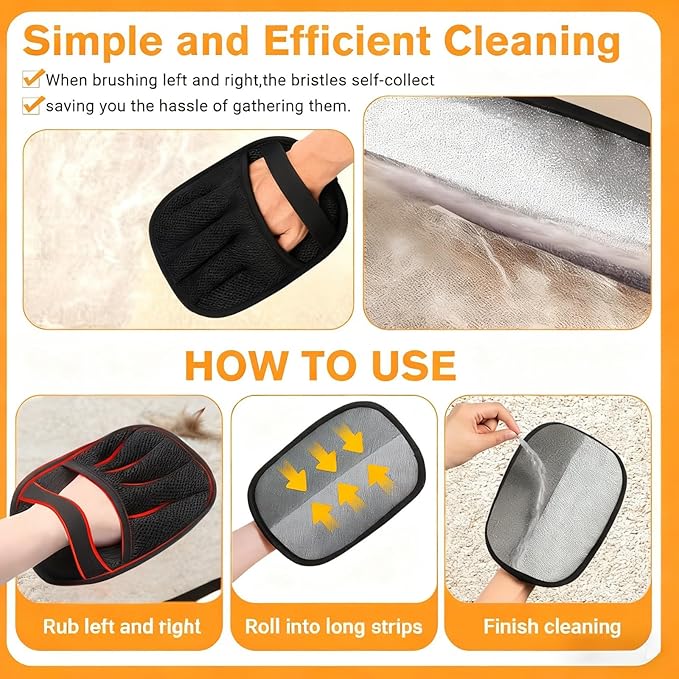 3PCS Pet Hair Removal Gloves for Dogs & Cats, Five-Finger Reusable Electrostatic Magic Brush Clean Pet Hair 2 Pcs Gloves & 1 Comb, Pet Hair Remover Tool for Clothing, Couch, Carpet, Car Seat, Black