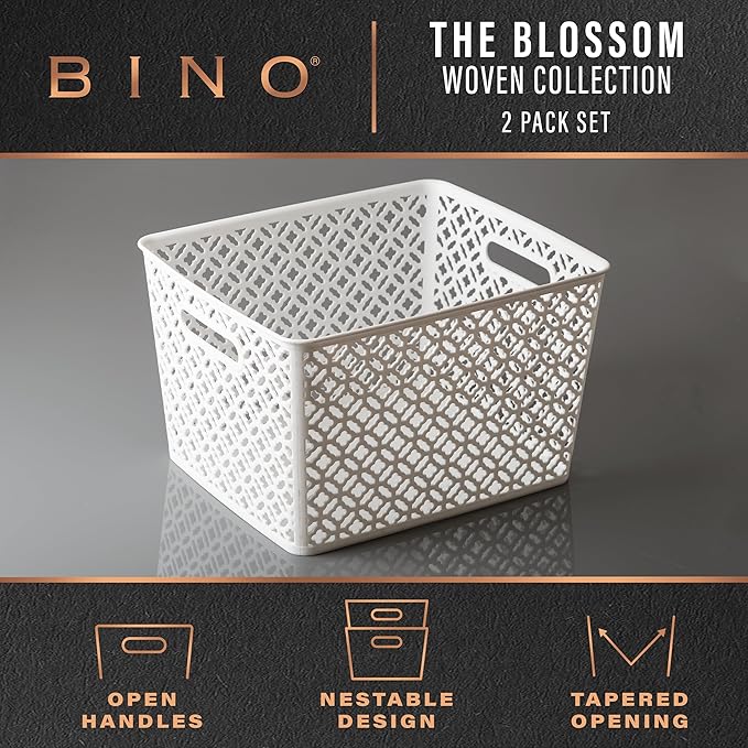 BINO l Plastic Storage Baskets, XLarge - White l THE BLOSSOM COLLECTION l Multi-Use Organizer Bin l Built-in Handles l Plastic Woven Basket for Organizing l Pantry & Home Organizing Basket