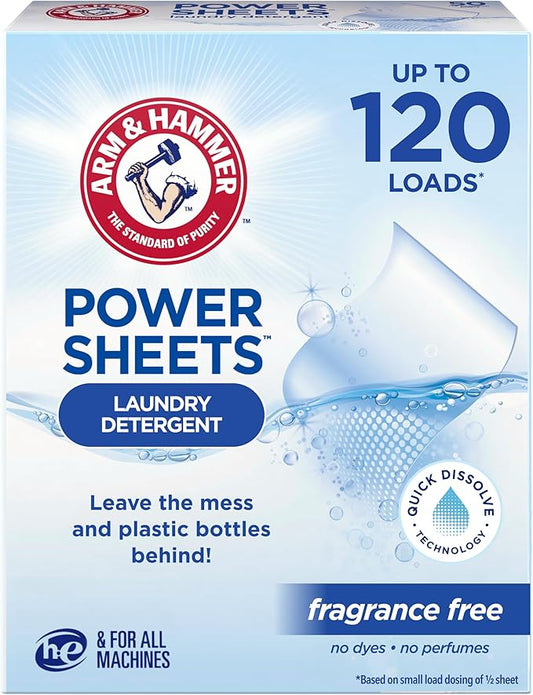 ARM & HAMMER Power Sheets Laundry Detergent, Fragrance Free, No Dyes or Perfumes, Lightweight and Travel-Friendly, 60 Count, Up to 120 Small Loads