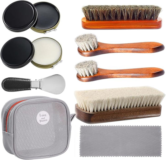 Shoe Shine Kit for both home and outdoor use ,10Pcs shoe polish kit ,4 Horsehair Shoe Brush, Black Shoe Polish and White Shoes Polish,ShoeHorn,2Polishing Cloth,Shoe Care Kit for Men and women.