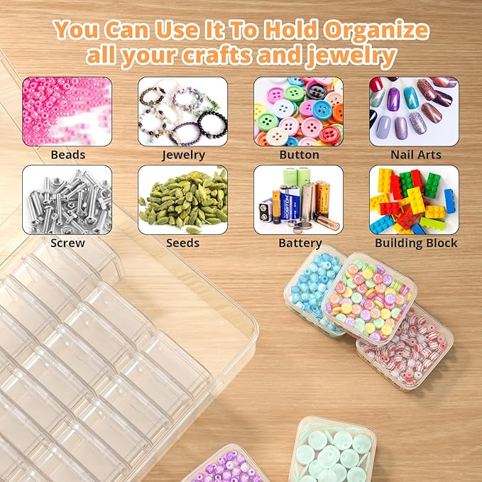 Mathtoxyz Bead Organizer Box, 62Pcs Small Organizers and Storage Plastic Cases, Mini Clear Storage Containers With Hinged Lid, Rectangle for Bracelet Making, DIY Jewelry Craft, Nail