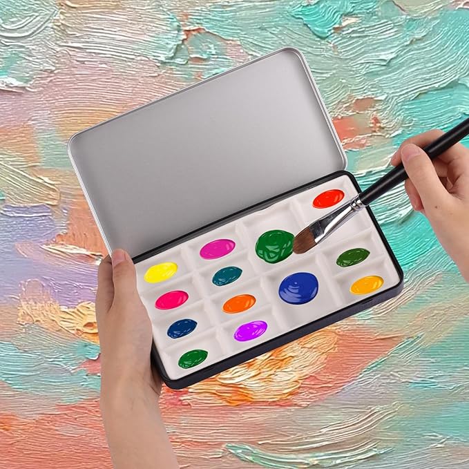 Travel Watercolor Palette,Portable Ceramic Palette with 14 Well,Metal Paint Box with Porcelain Palette(Blak Box)