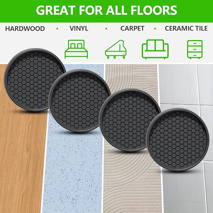 Non Slip Furniture Pads- 3"x3" Round Anti Skid Caster Cups Furniture Coasters, Anti-Sliding Grippers Floor Protectors for Furniture Bed, Couch, Chair Leg, Black(Set of 12)