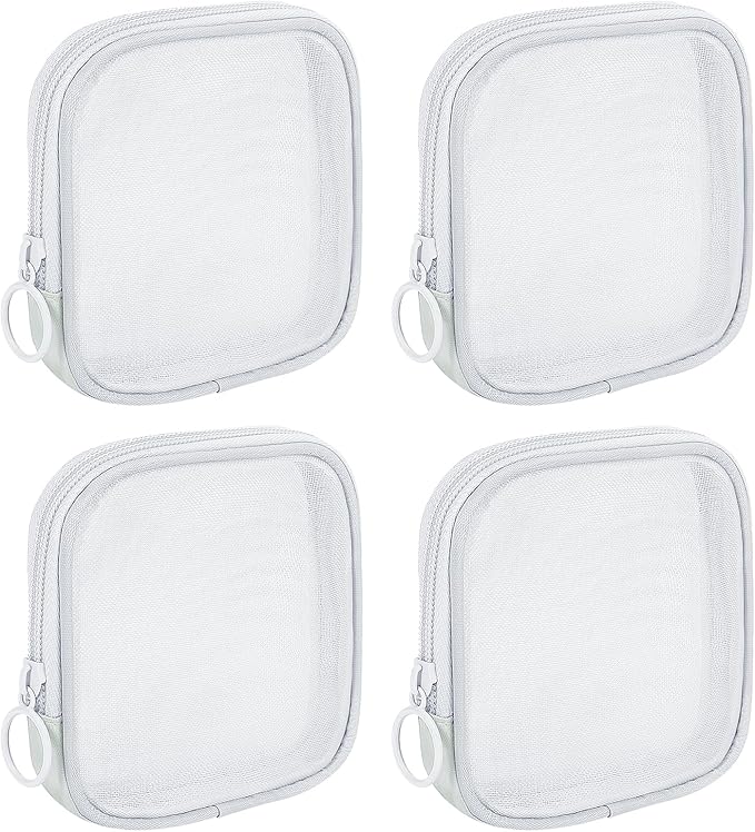 4 Pieces Mini Zipper Nylon Mesh Pouch, Mesh Cosmetic Bags Makeup Bags, Multipurpose Travel Toiletry Bags for Office Supplies and Travel Accessories (White, S)