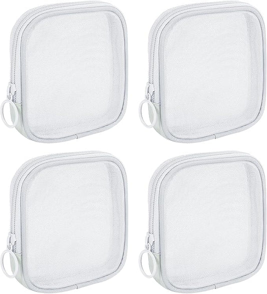 4 Pieces Mini Zipper Nylon Mesh Pouch, Mesh Cosmetic Bags Makeup Bags, Multipurpose Travel Toiletry Bags for Office Supplies and Travel Accessories (White, S)
