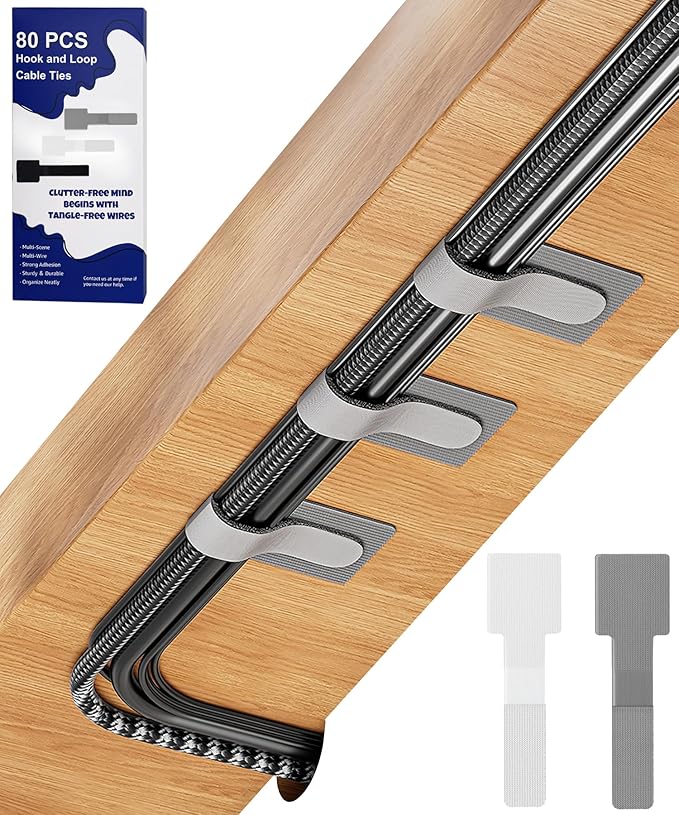 80PCS Hook and Loop Cable Ties, Hook and Loop Cable Straps, Under Desk Cable Management, Adhesive Cable Clips, Sticky-Back Cord Organizer for Desk, Household & Office Organization (White+Gray)
