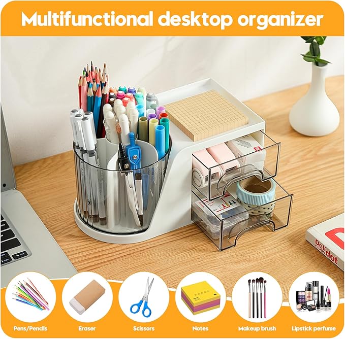 360° Rotating Desk Organizer - 6 Slots Pen and Pencil Holder with 2 Drawers, Art Supply Storage Box Caddy for Office, Home, School (White with 2 Drawer)